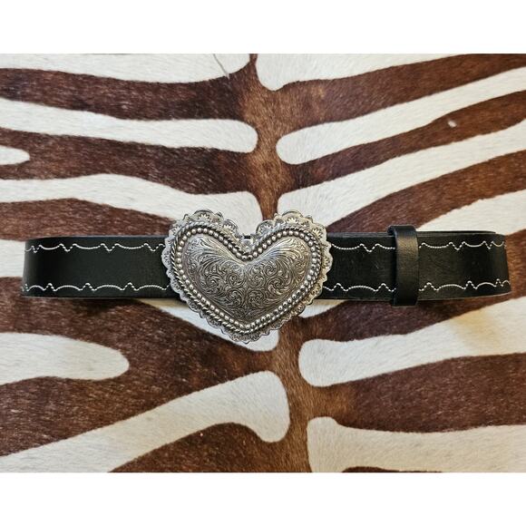 Vintage Brighton USA Heart Buckle Western Belt Silver Leather Black Sz L - Picture 1 of 6